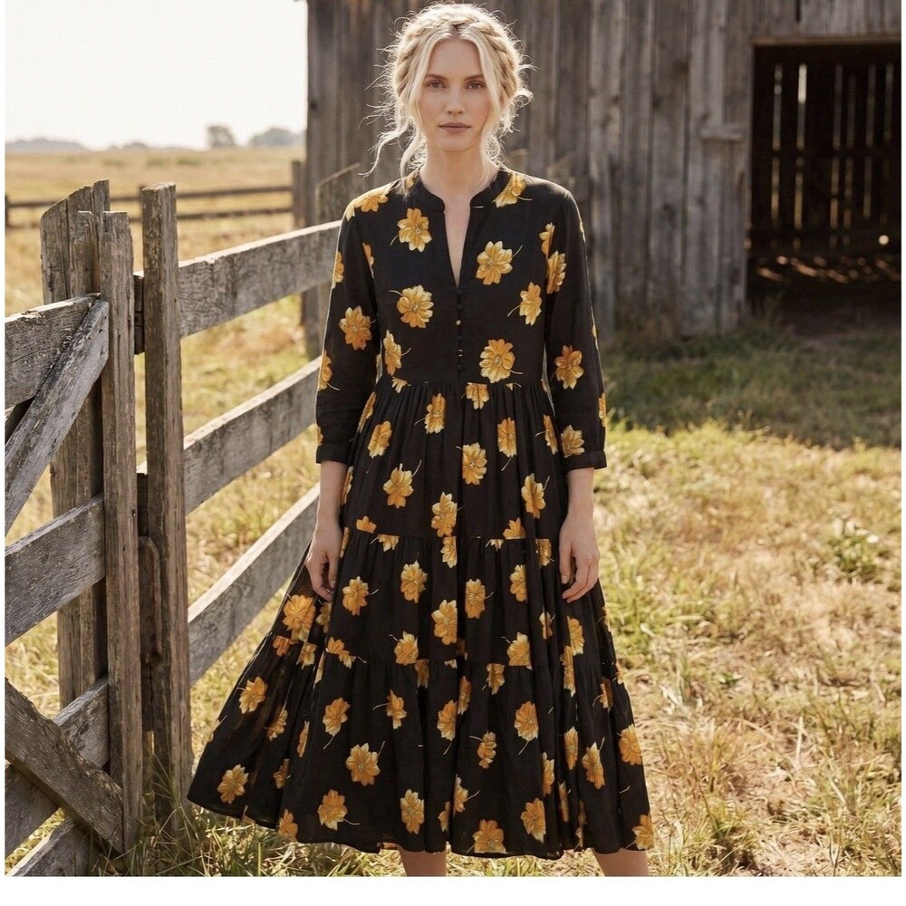 Madewell Floral Tiered Maxi Midi Dress Size Large Green Yellow Boho Cottagecore